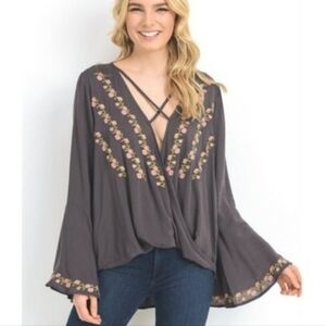 JODIFL Embroidered V-Neck Bell Sleeve Blouse